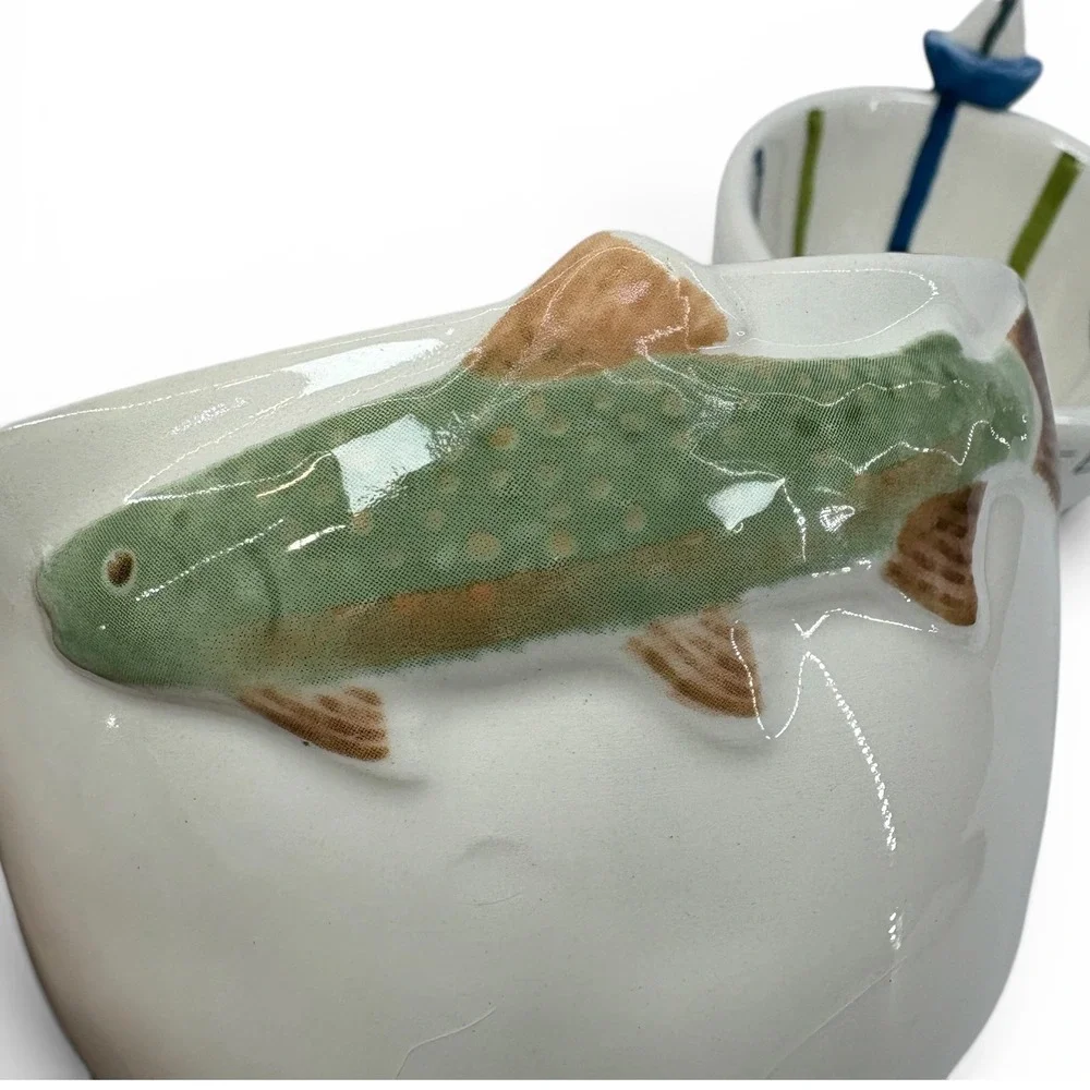 Mud Pie Skinny Dipping Trout and Sailboat Ceramic Dipping Bowl Set 2 Piece